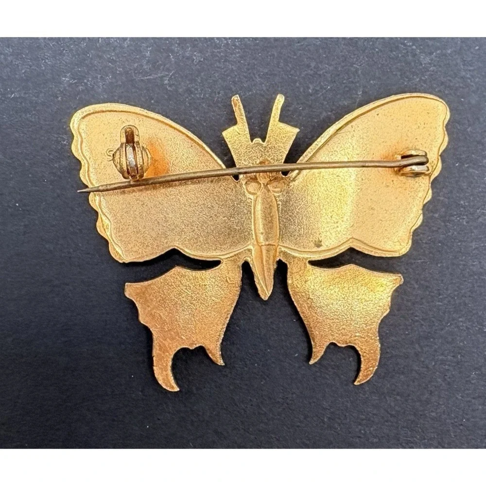 Vintage Damascene Butterfly Green Enamel Brooch Made in Spain Retro
